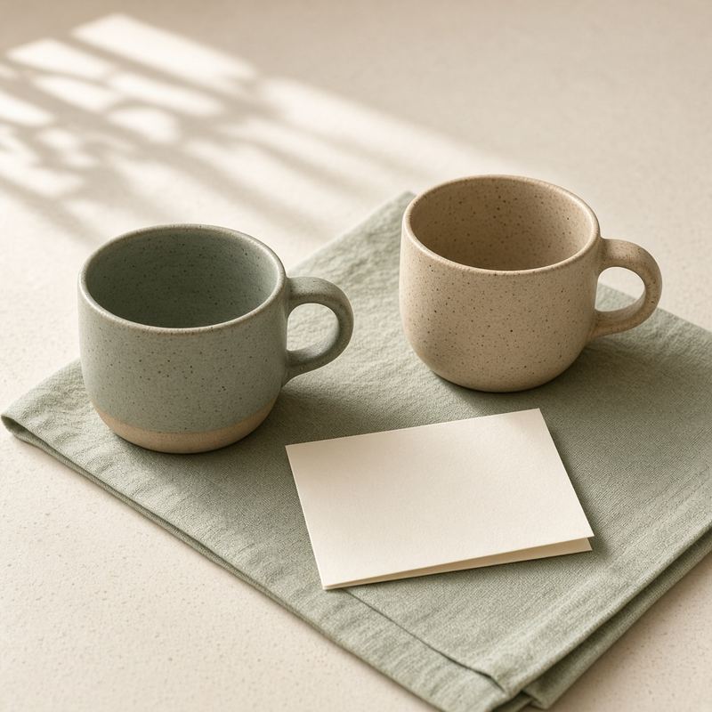 Duas xícaras na mesa. Ilustração, sem pessoas.