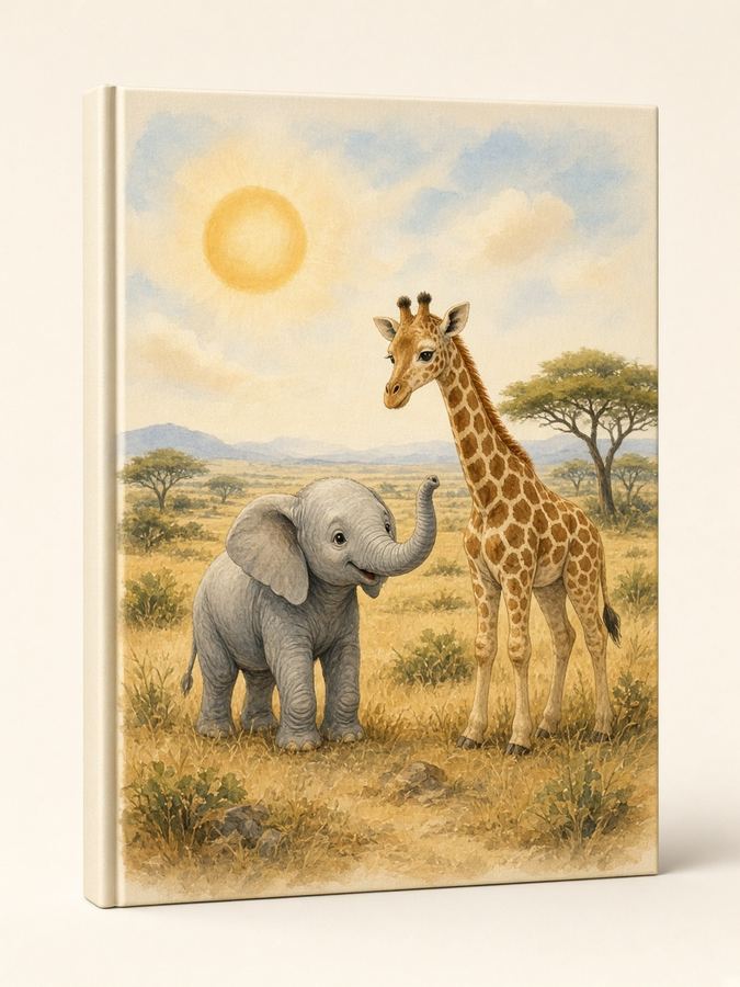 Capa ilustrada de exemplo, com elefante e girafa. Sem foto de criança.