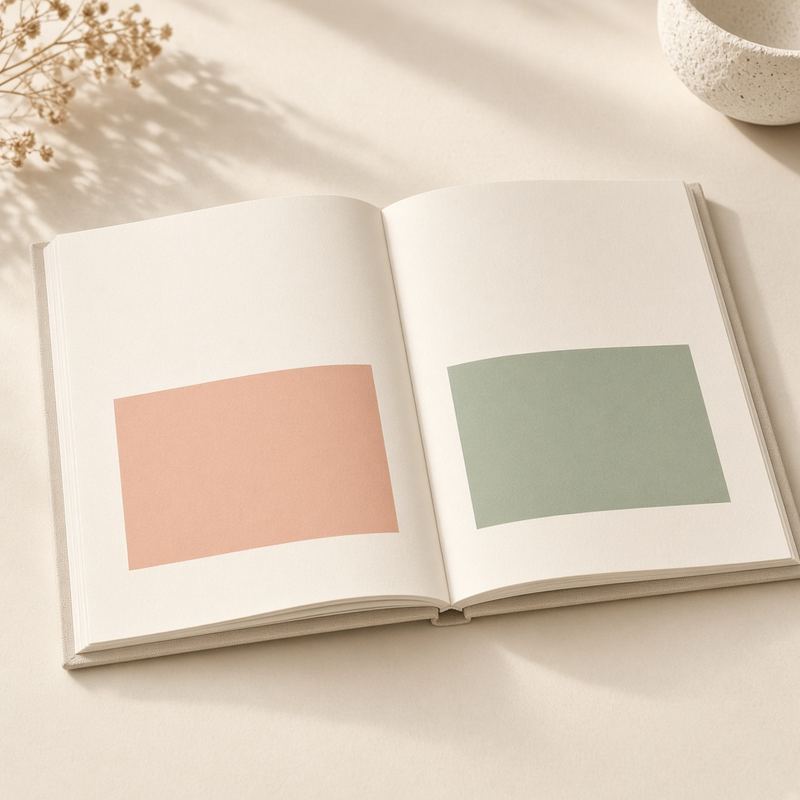 Fotolivro aberto, só com campos de cor. Sem fotos de pessoas.